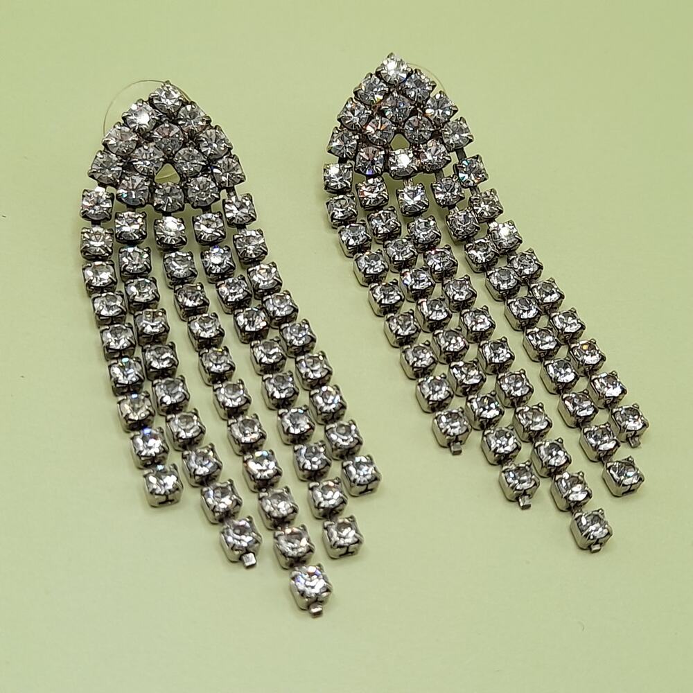 Vintage Clear Rhinestone Fringe Post Earrings, 1980s, 2 1/2 Inches - Picture 7 of 9